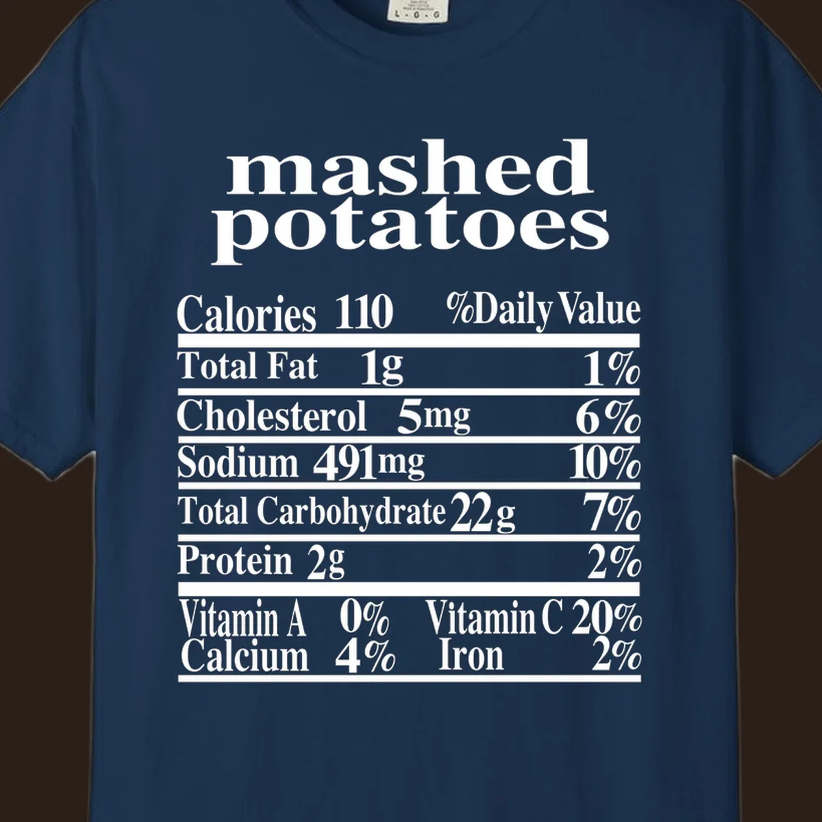 Mashed potato nutrition facts label with calories, fat, cholesterol, sodium, carbs, protein, and vitamins on a black background.