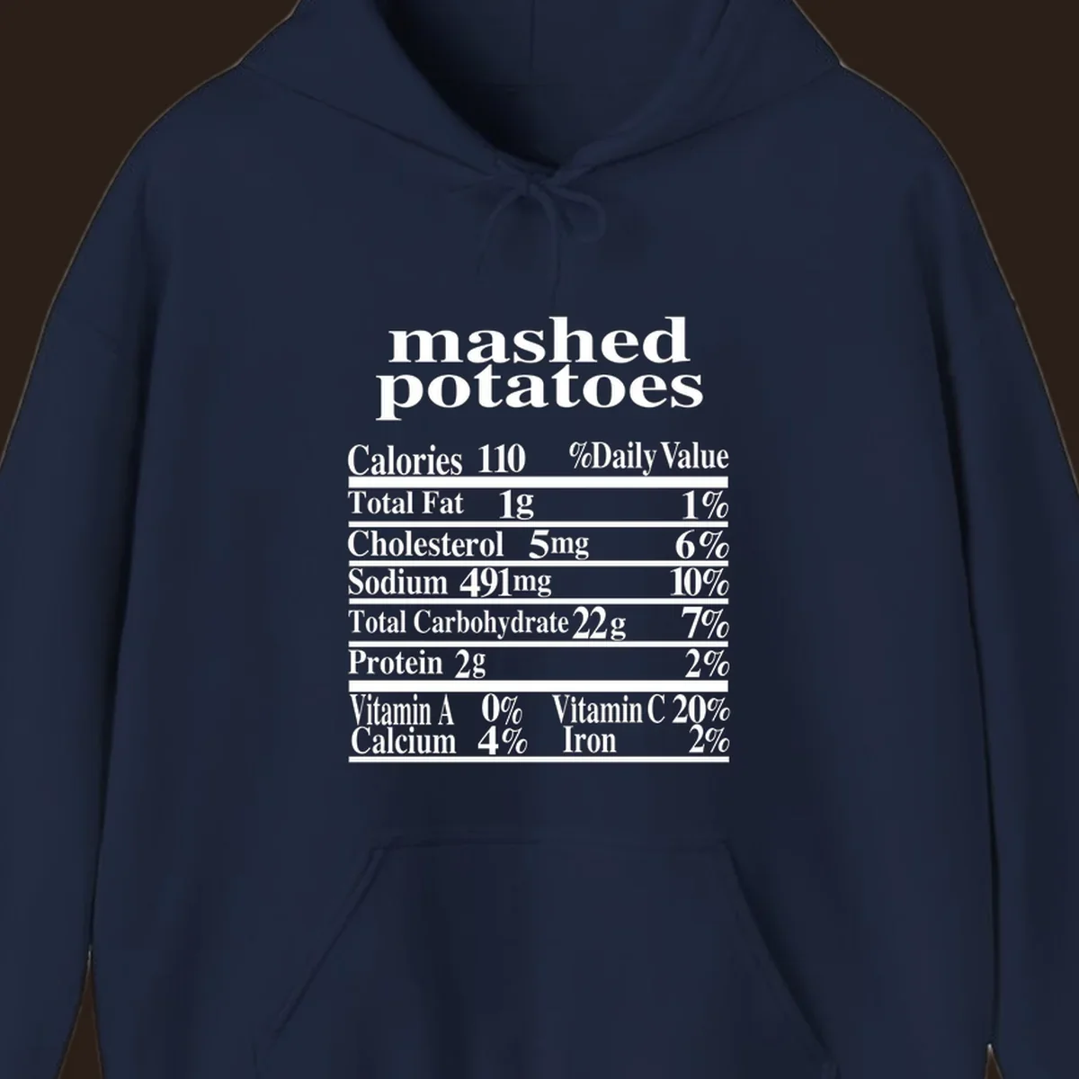 Mashed potato nutrition facts label with calories, fat, cholesterol, sodium, carbs, protein, and vitamins on a black background.