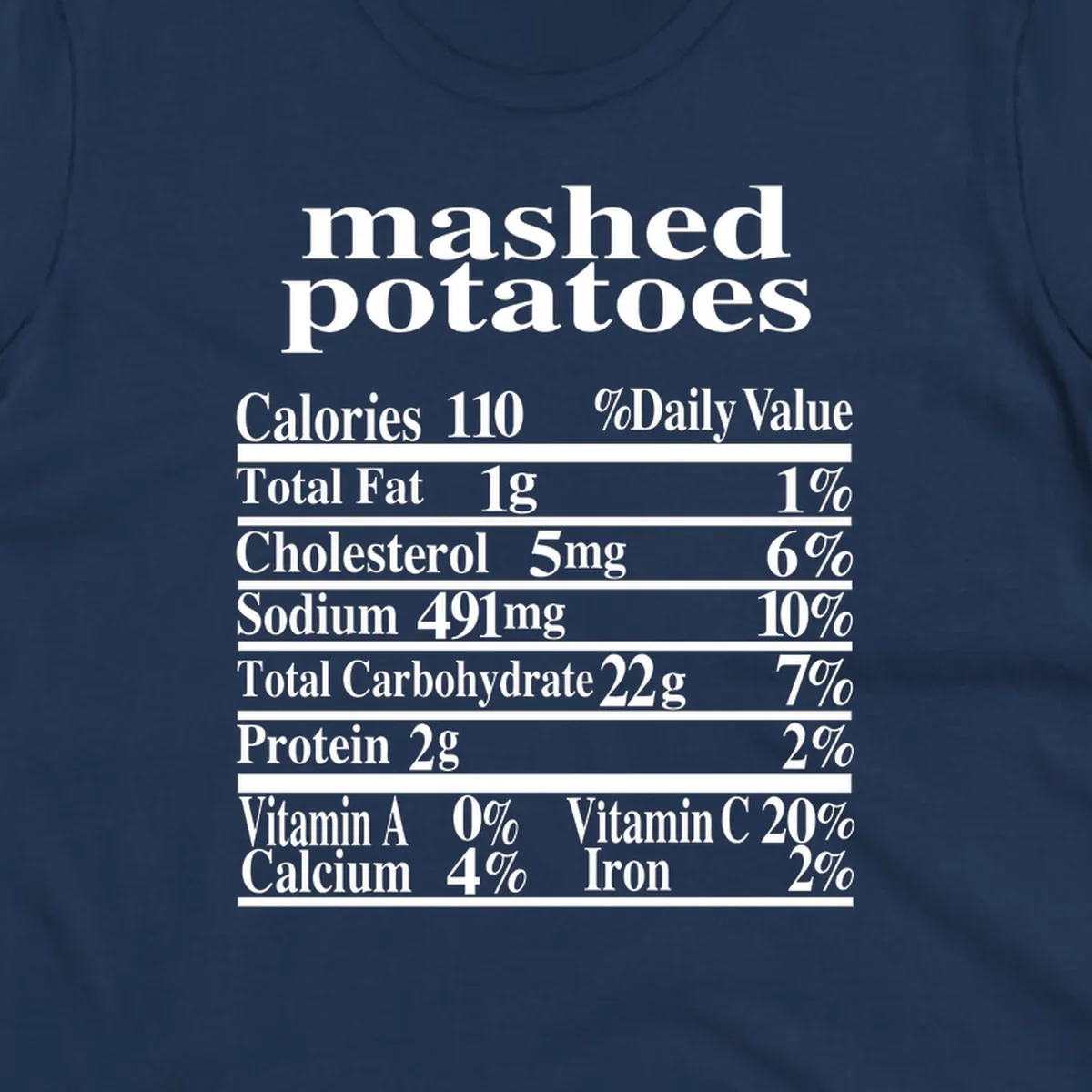 Mashed potato nutrition facts label with calories, fat, cholesterol, sodium, carbs, protein, and vitamins on a black background.