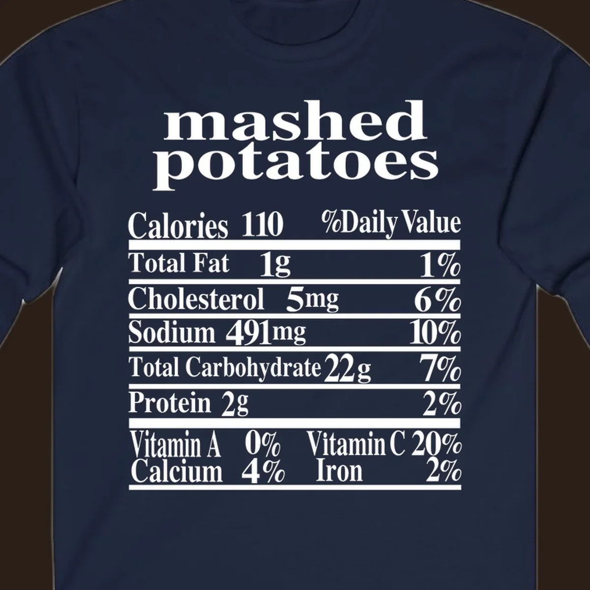 Mashed potato nutrition facts label with calories, fat, cholesterol, sodium, carbs, protein, and vitamins on a black background.