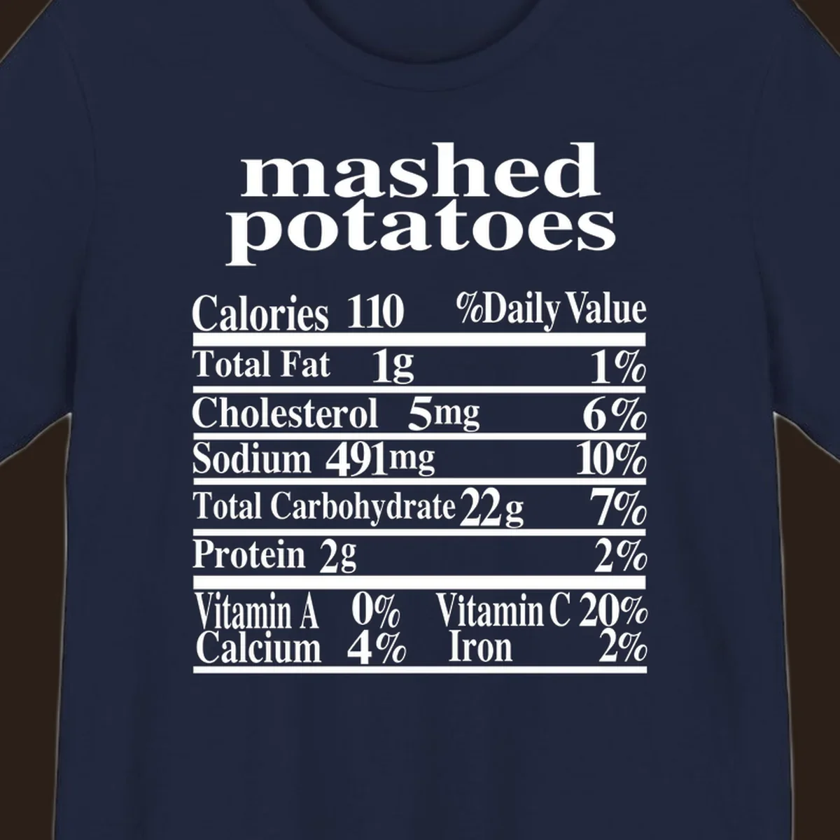 Mashed potato nutrition facts label with calories, fat, cholesterol, sodium, carbs, protein, and vitamins on a black background.