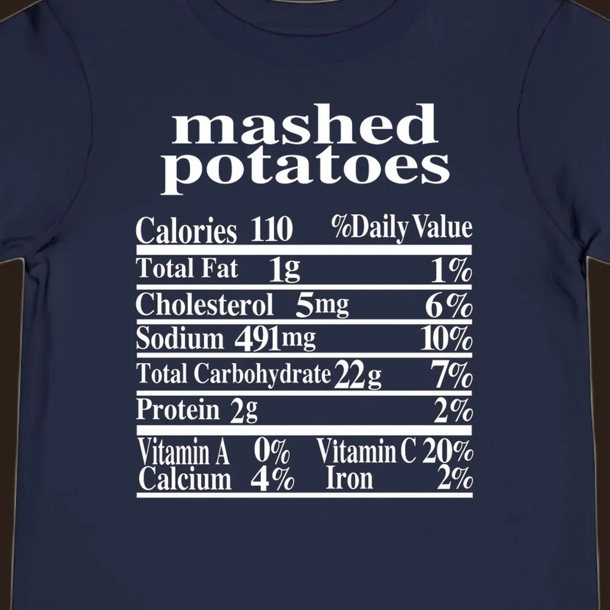 Mashed potato nutrition facts label with calories, fat, cholesterol, sodium, carbs, protein, and vitamins on a black background.