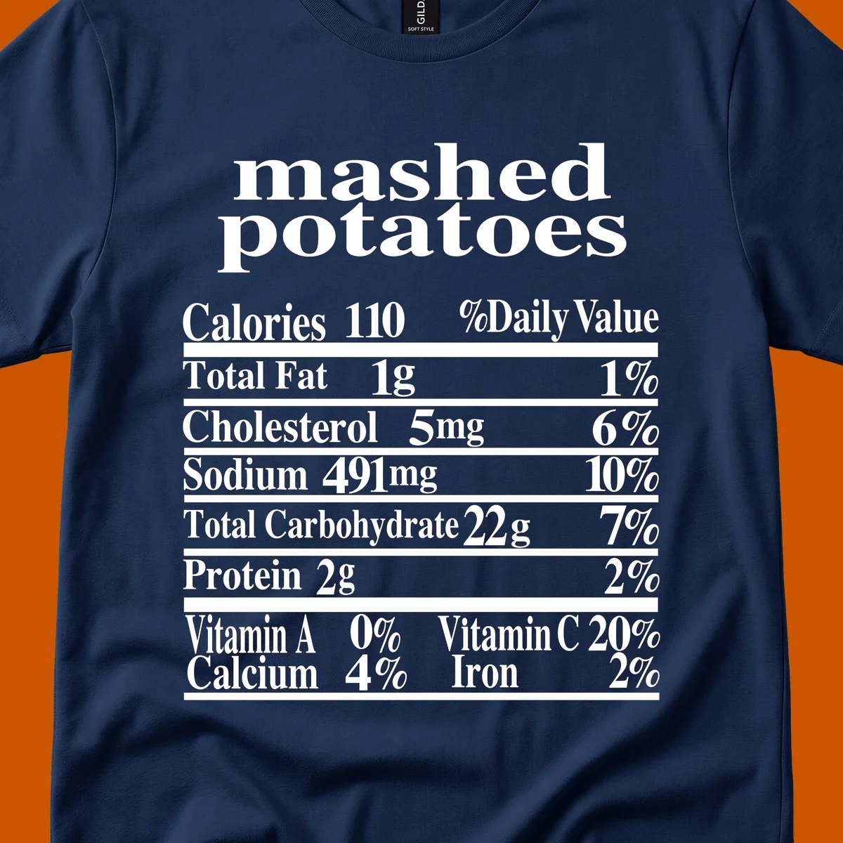 Mashed potato nutrition facts label with calories, fat, cholesterol, sodium, carbs, protein, and vitamins on a black background.