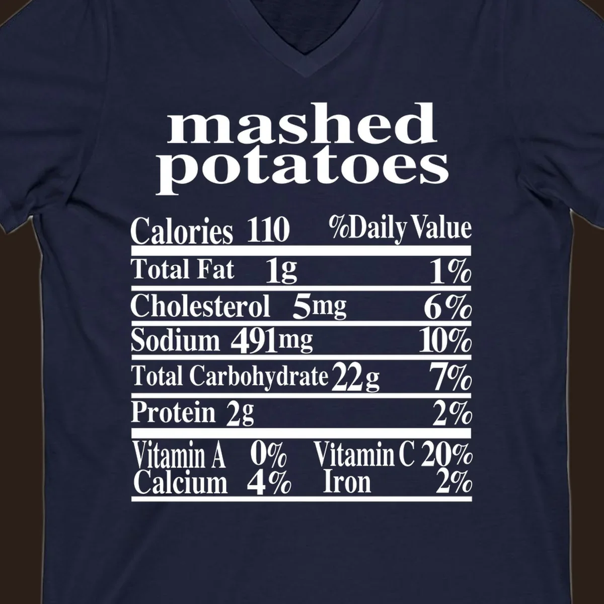 Mashed potato nutrition facts label with calories, fat, cholesterol, sodium, carbs, protein, and vitamins on a black background.