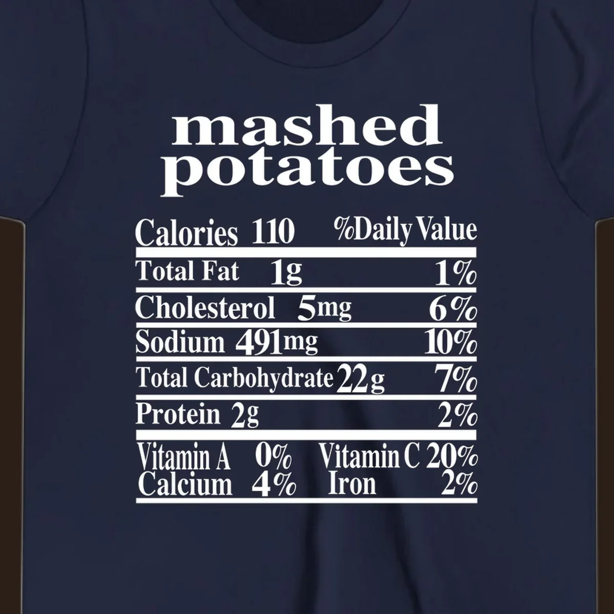 Mashed potato nutrition facts label with calories, fat, cholesterol, sodium, carbs, protein, and vitamins on a black background.