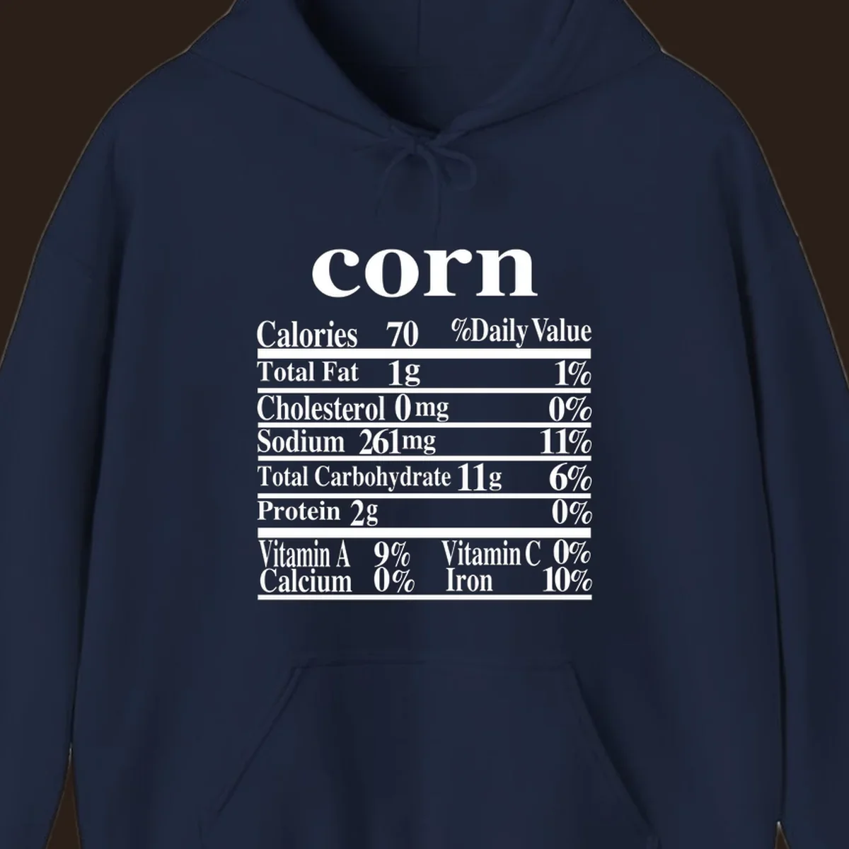 Corn nutrition facts label design with white text on a black background.