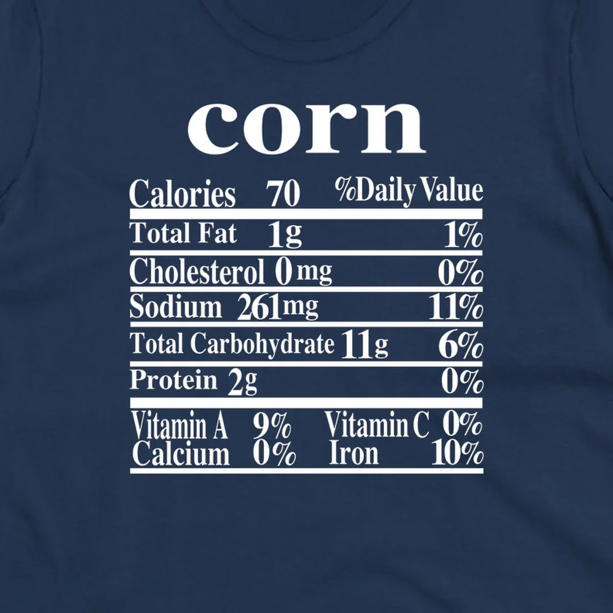 Corn nutrition facts label design with white text on a black background.