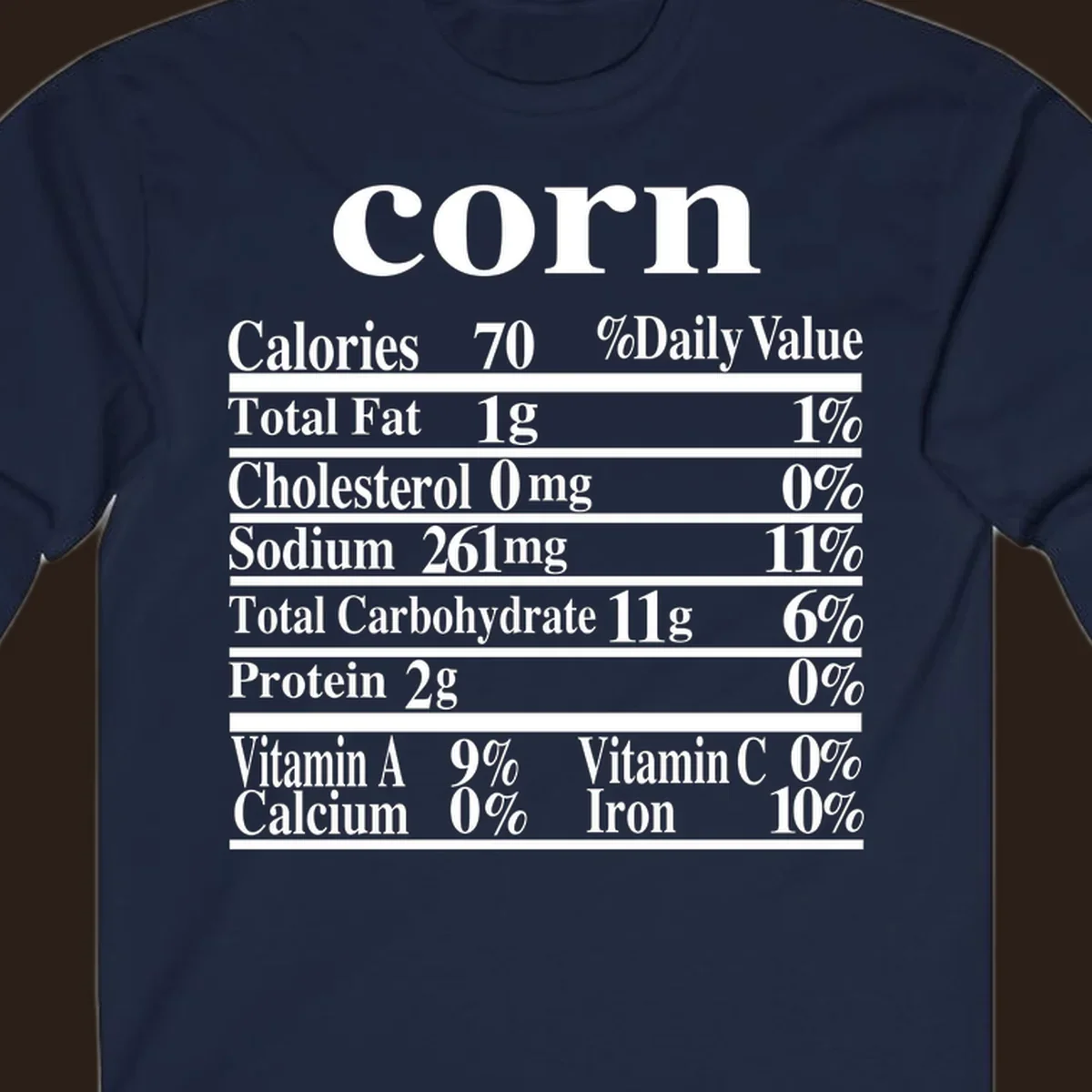 Corn nutrition facts label design with white text on a black background.