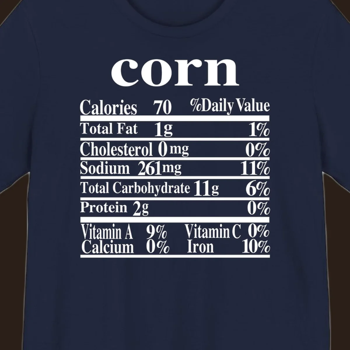 Corn nutrition facts label design with white text on a black background.
