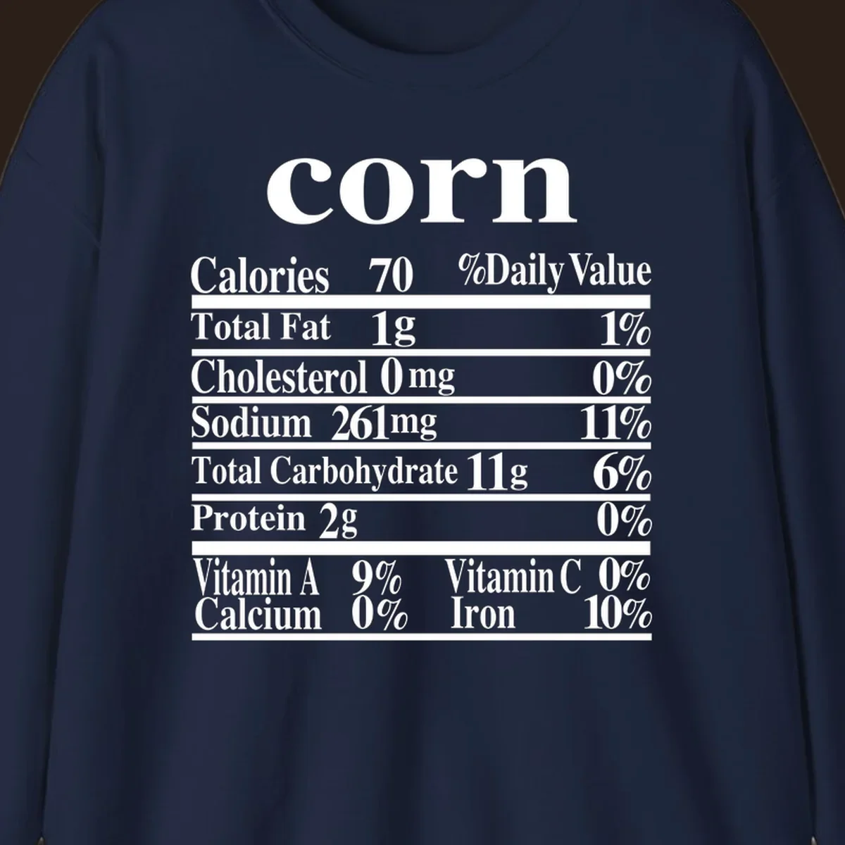 Corn nutrition facts label design with white text on a black background.