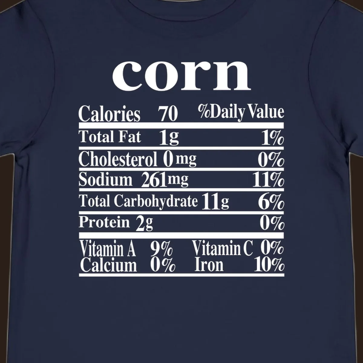 Corn nutrition facts label design with white text on a black background.