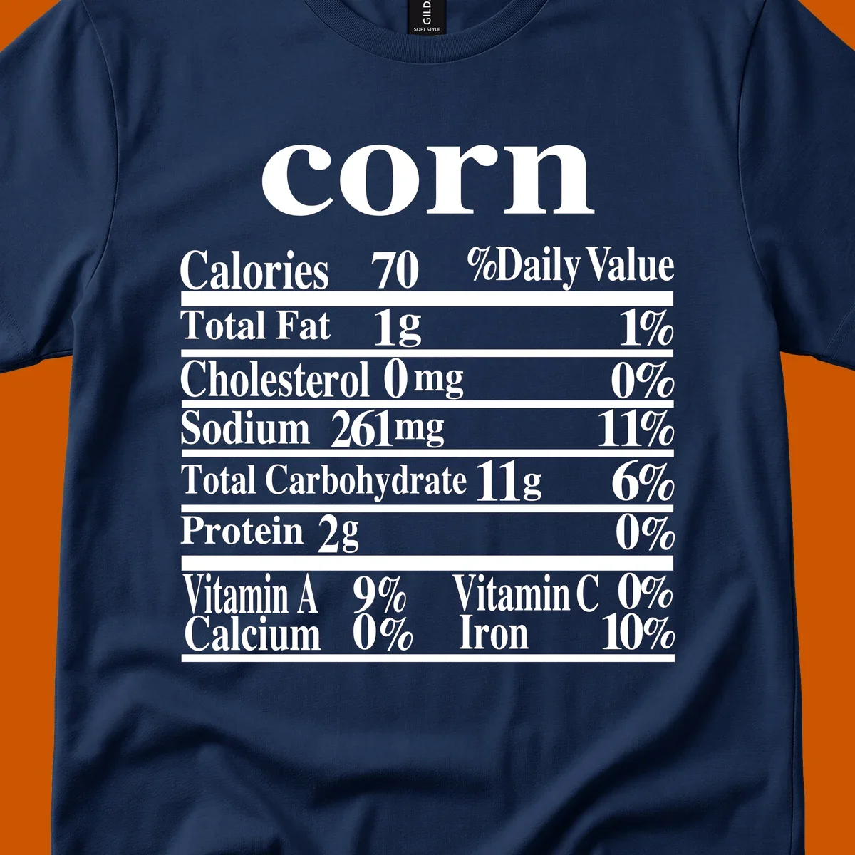 Corn nutrition facts label design with white text on a black background.