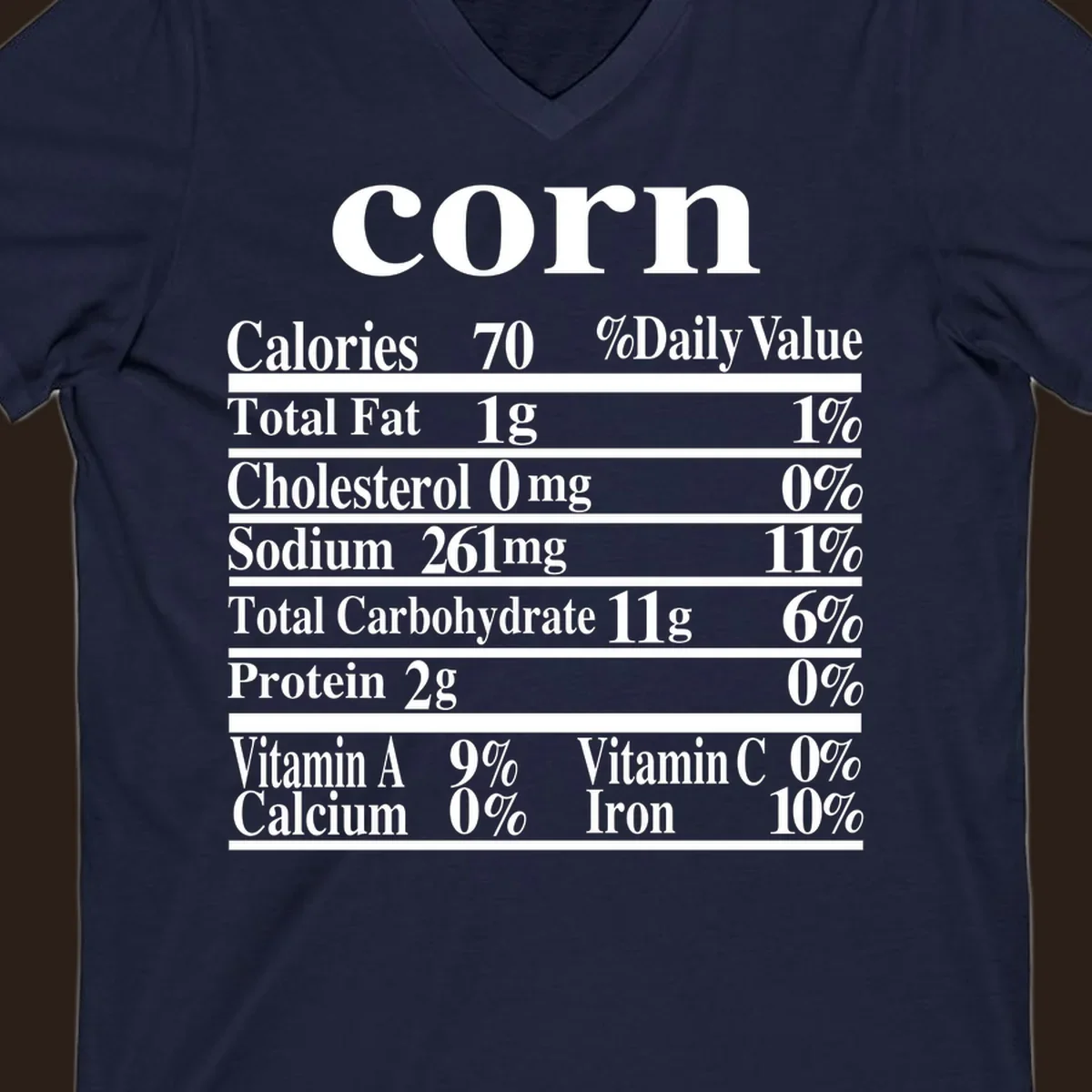 Corn nutrition facts label design with white text on a black background.