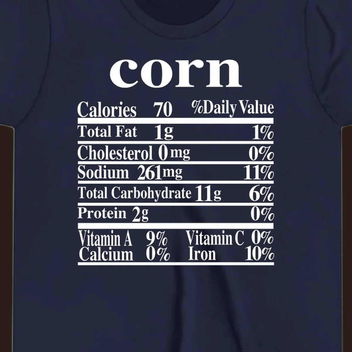 Corn nutrition facts label design with white text on a black background.