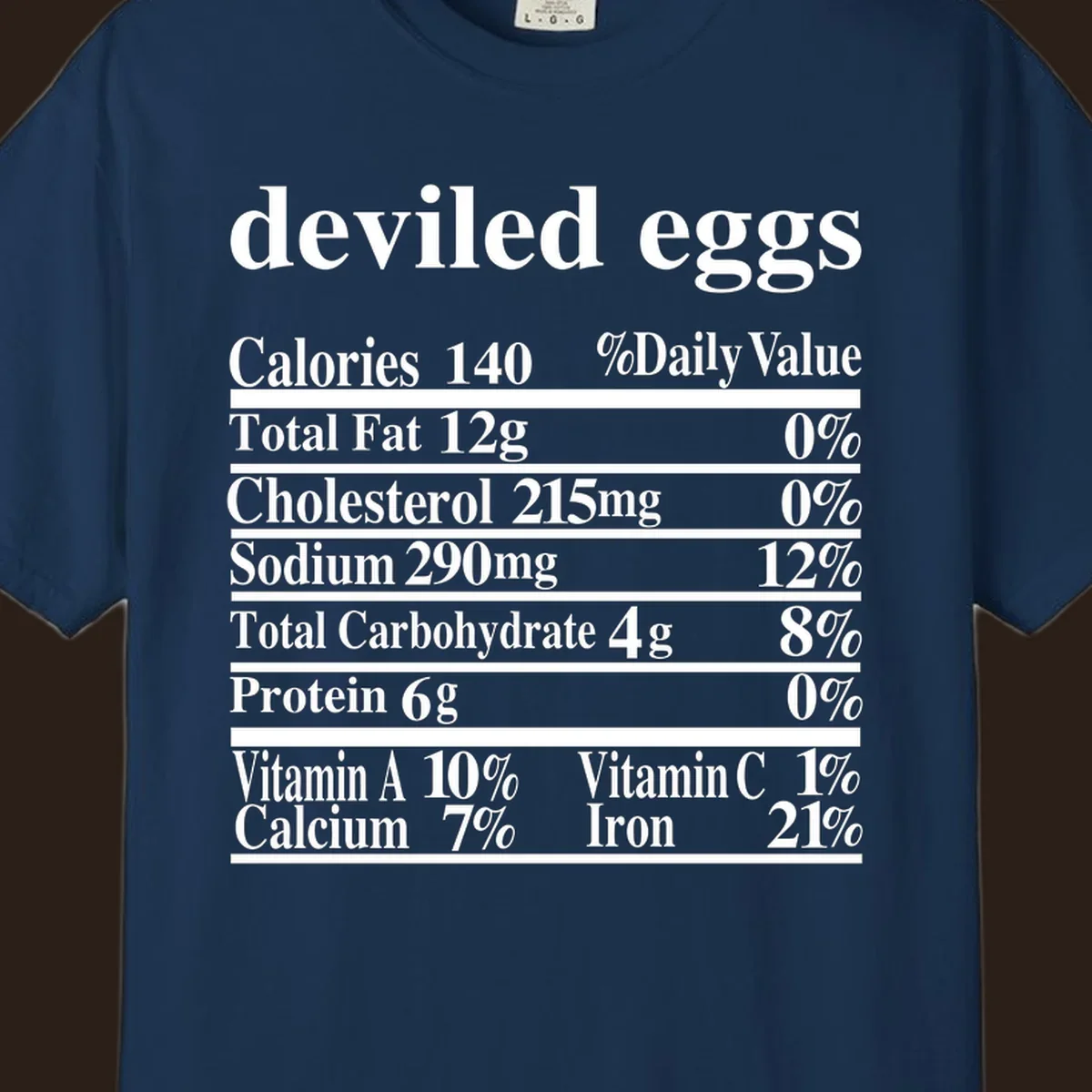 Deviled eggs nutrition facts label with white text on black background.