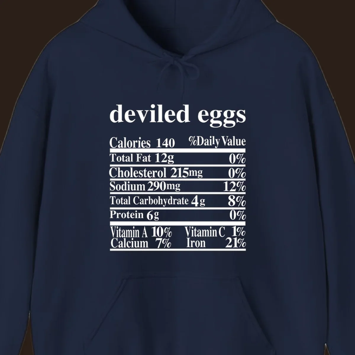 Deviled eggs nutrition facts label with white text on black background.