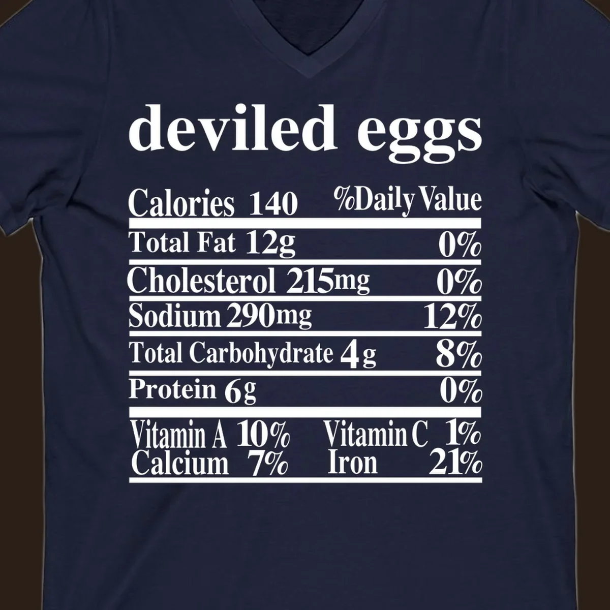 Deviled eggs nutrition facts label with white text on black background.