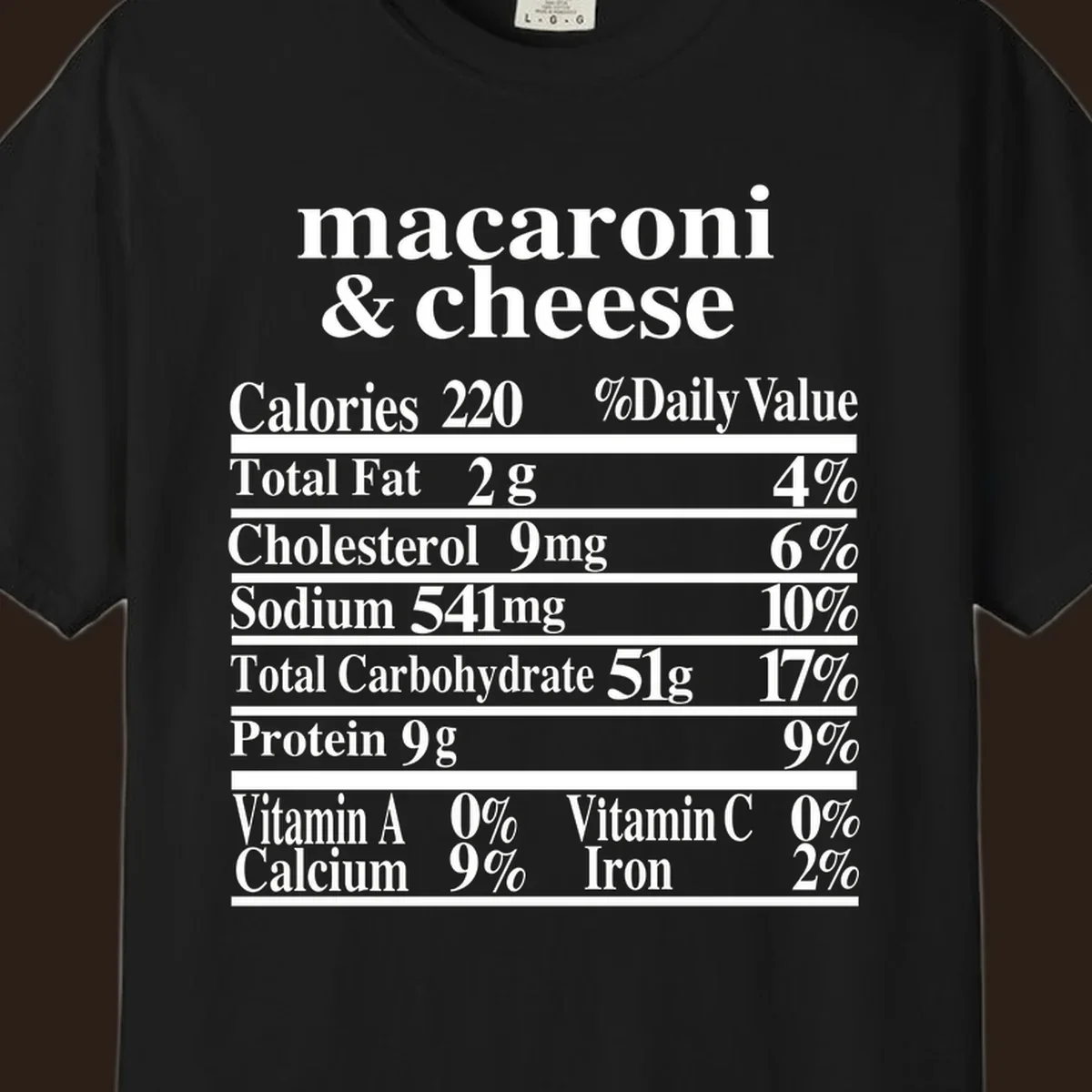 Mac and cheese nutrition label design with calories, fat, sodium, and vitamins.