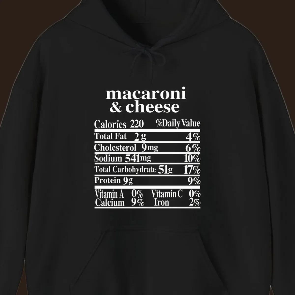 Mac and cheese nutrition label design with calories, fat, sodium, and vitamins.