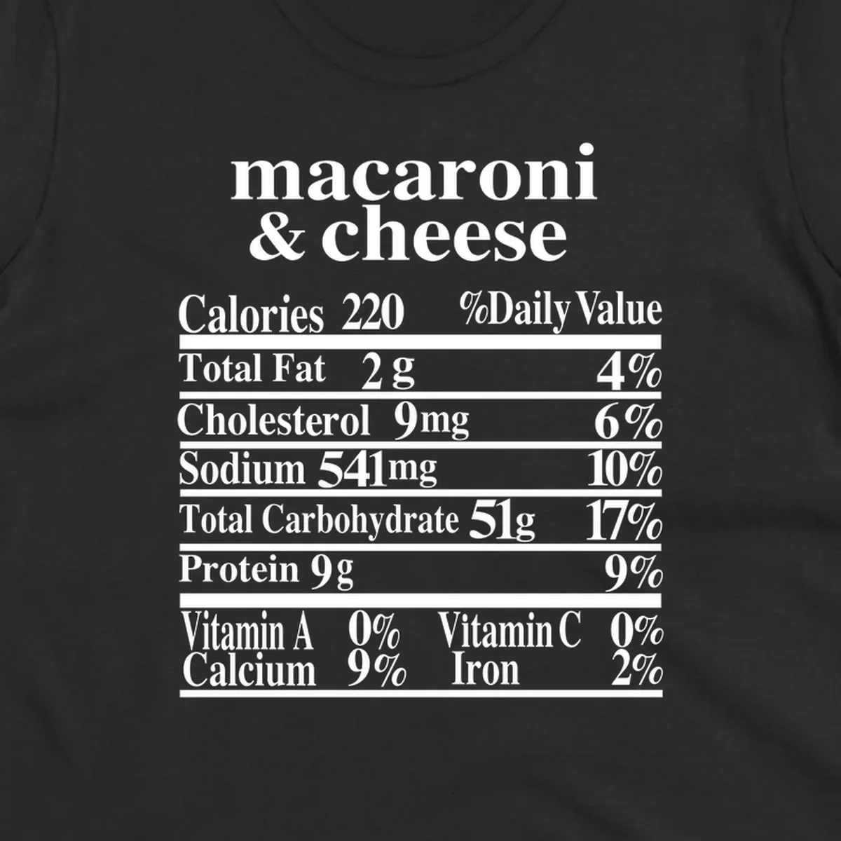 Mac and cheese nutrition label design with calories, fat, sodium, and vitamins.