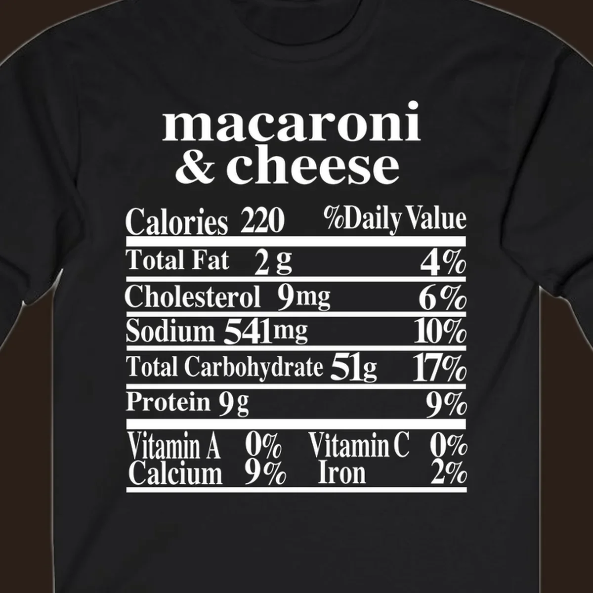 Mac and cheese nutrition label design with calories, fat, sodium, and vitamins.