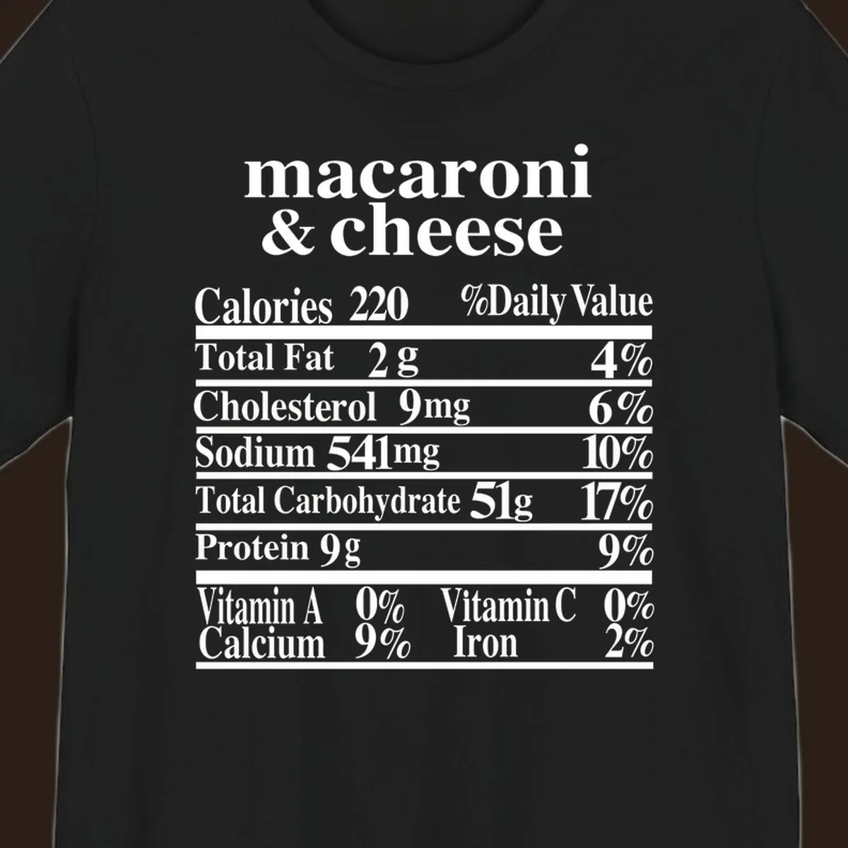 Mac and cheese nutrition label design with calories, fat, sodium, and vitamins.