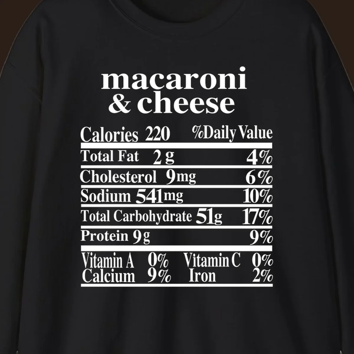 Mac and cheese nutrition label design with calories, fat, sodium, and vitamins.