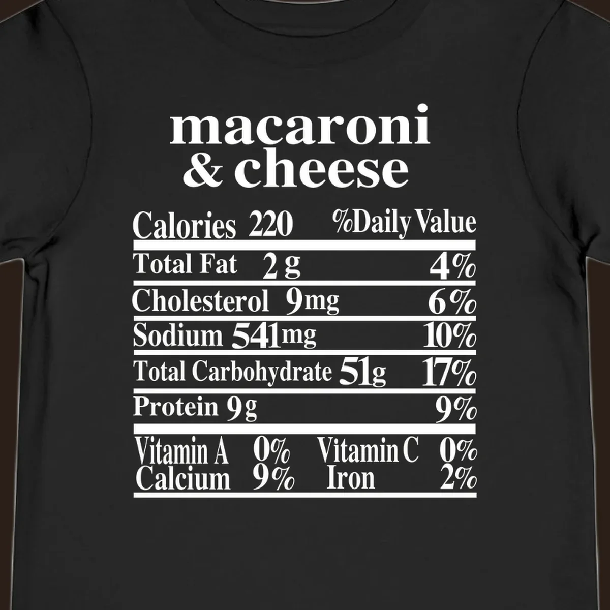 Mac and cheese nutrition label design with calories, fat, sodium, and vitamins.