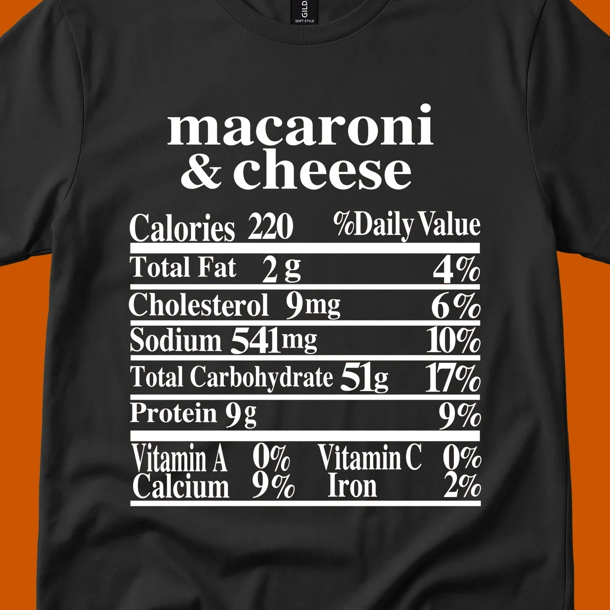 Mac and cheese nutrition label design with calories, fat, sodium, and vitamins.