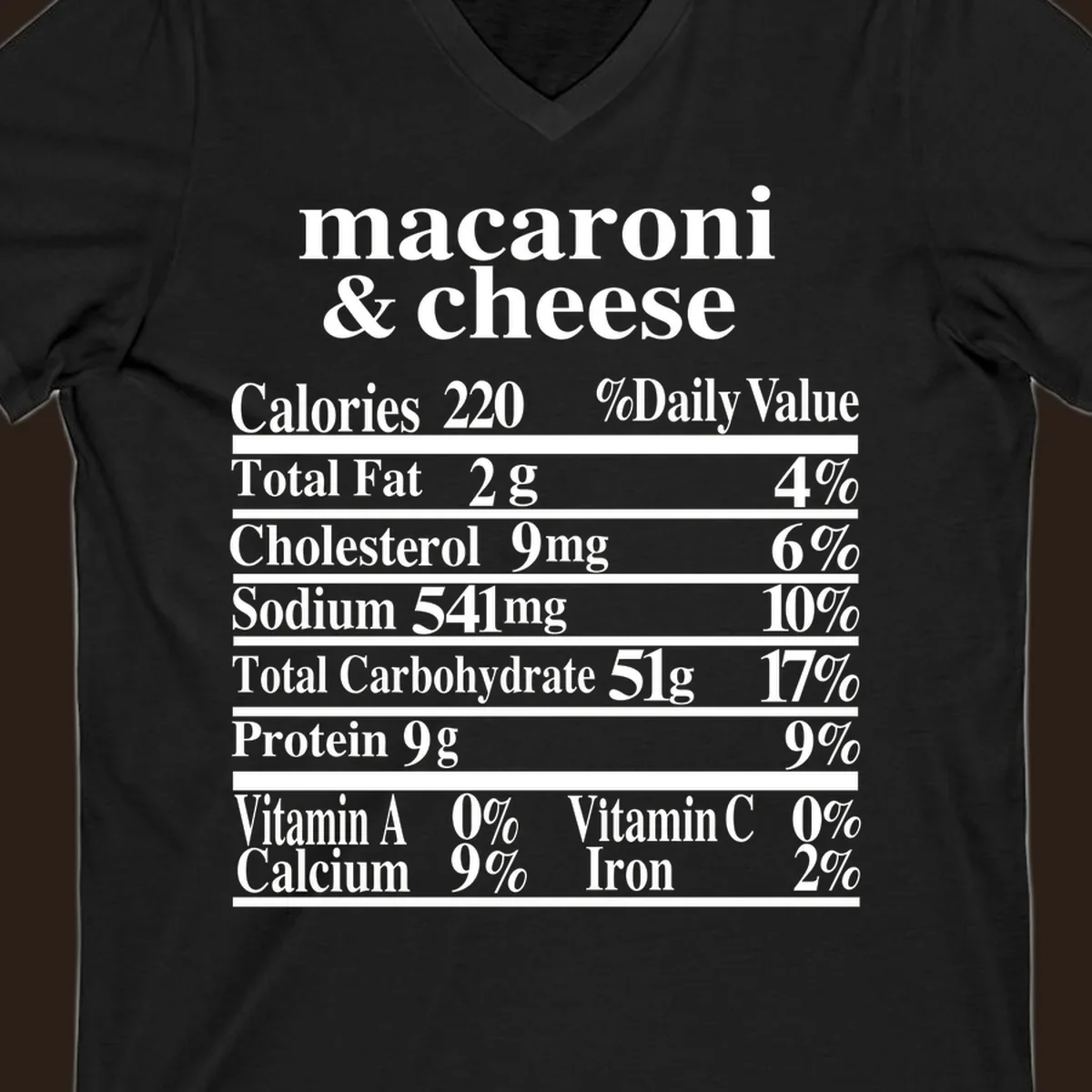 Mac and cheese nutrition label design with calories, fat, sodium, and vitamins.