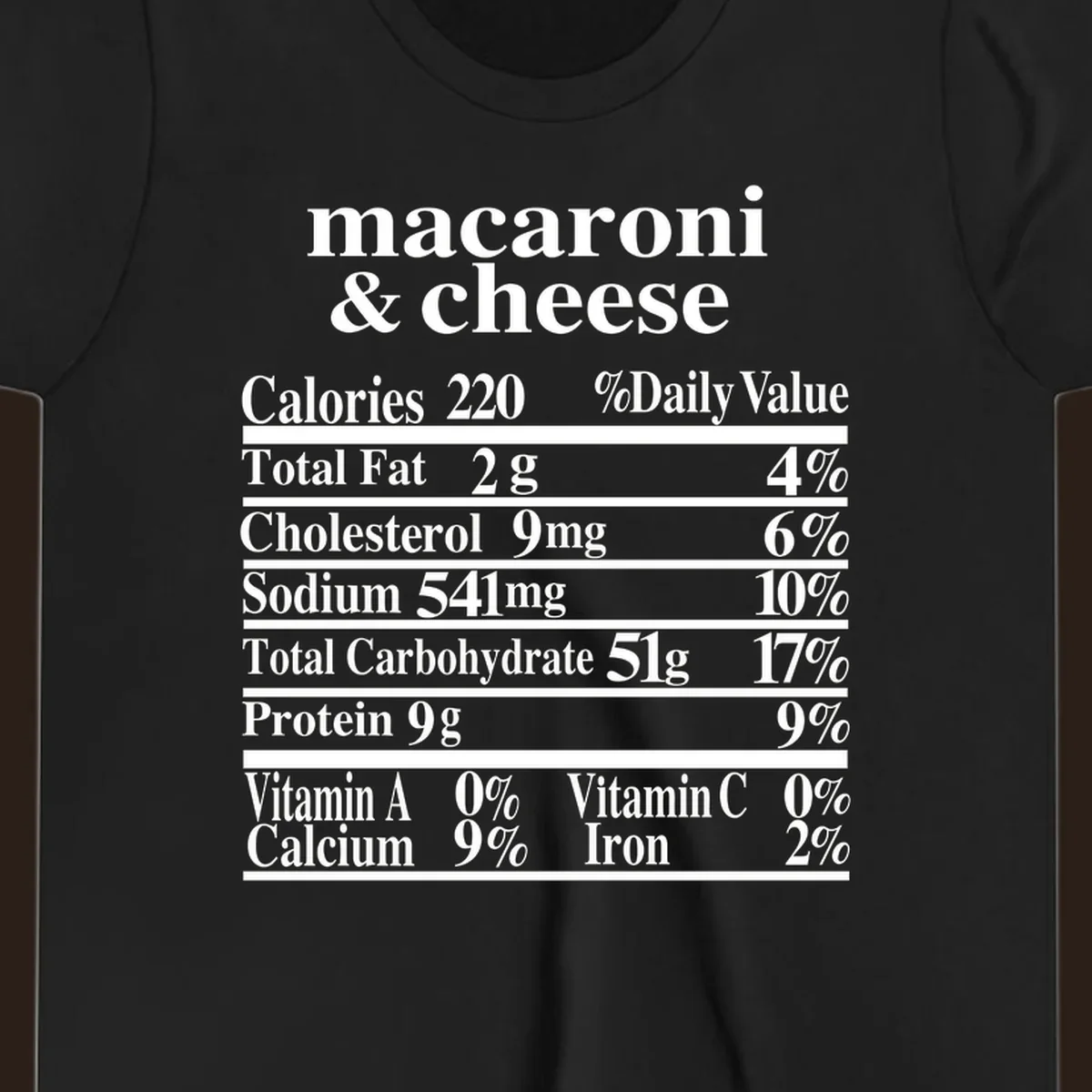 Mac and cheese nutrition label design with calories, fat, sodium, and vitamins.