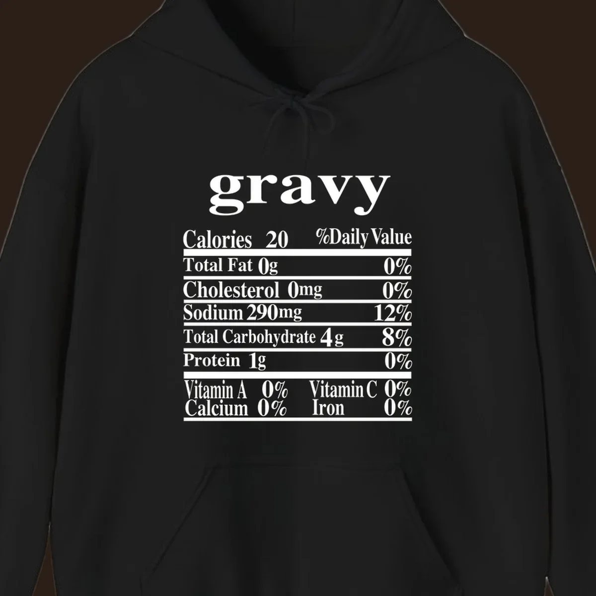 Thanksgiving gravy nutrition label with calories and daily values, presented in white text on a dark background.