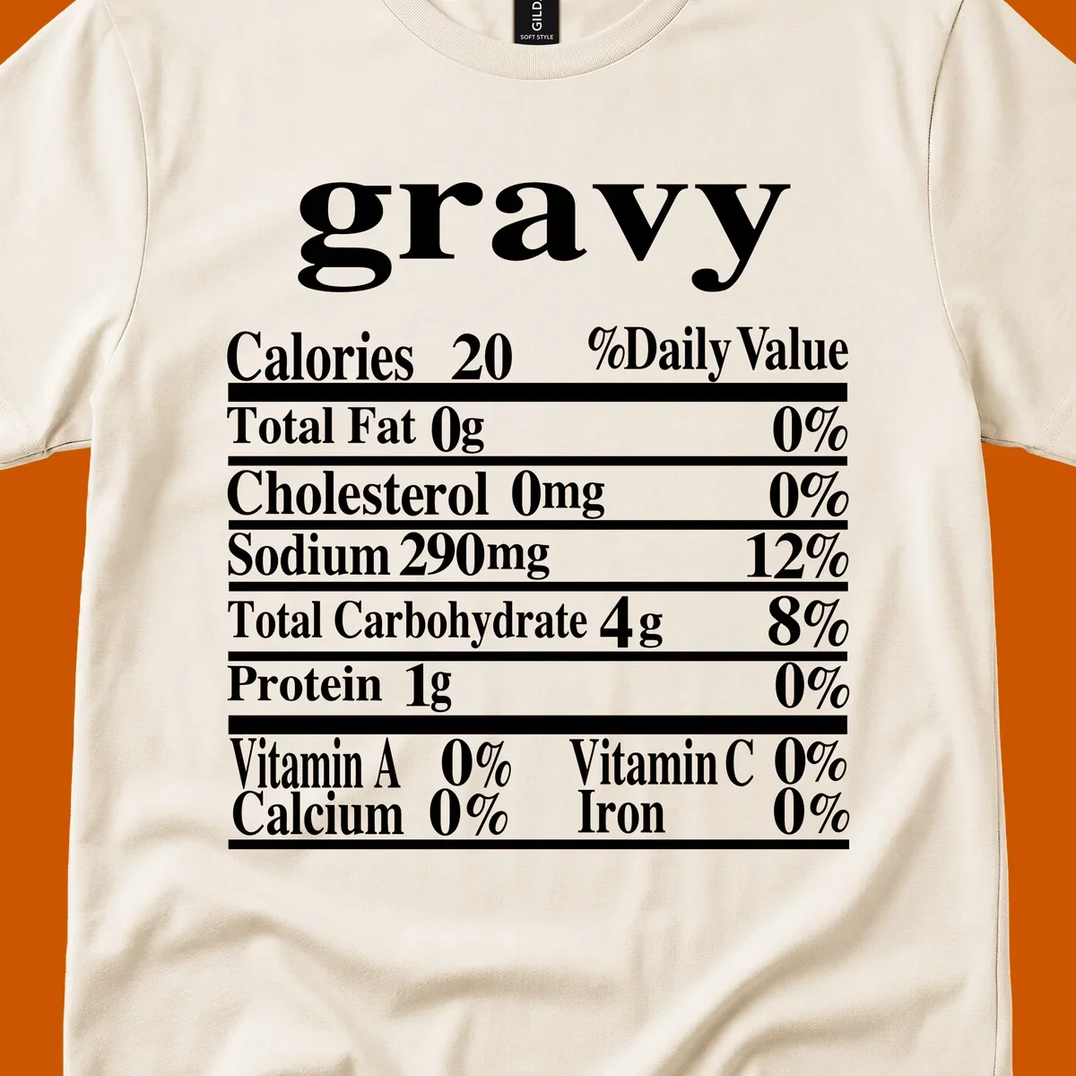 Thanksgiving gravy nutrition label with calories and daily values, presented in white text on a dark background.