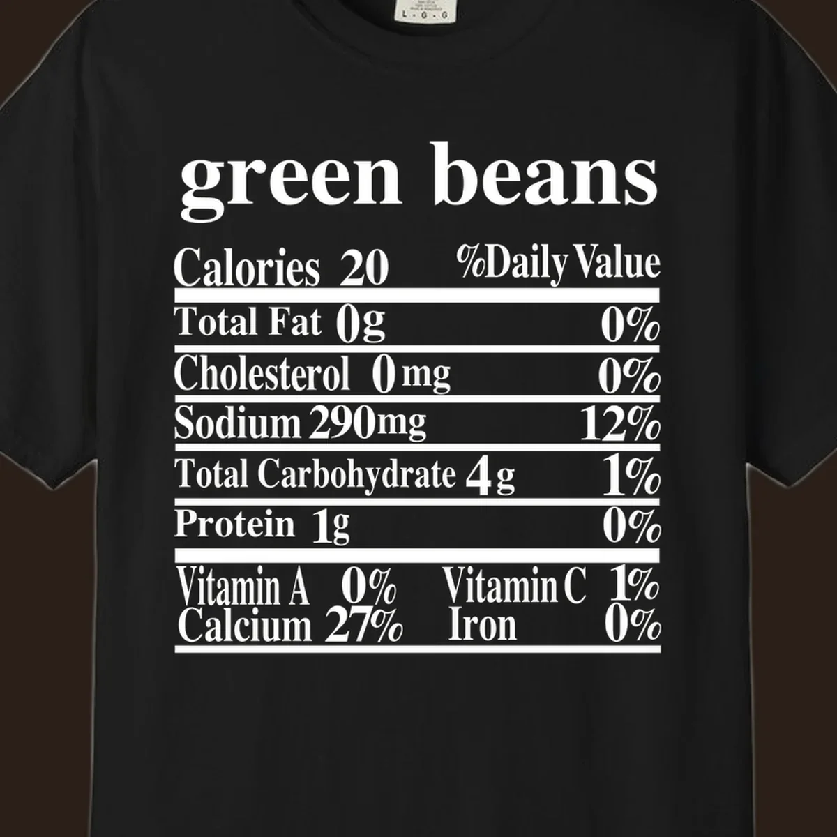 Green beans nutrition facts label with white text on a black background.