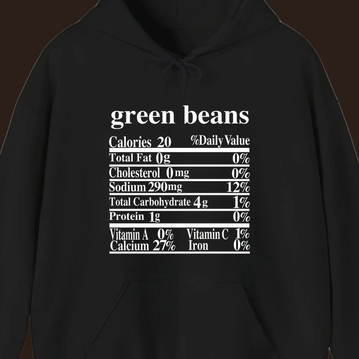 Green beans nutrition facts label with white text on a black background.