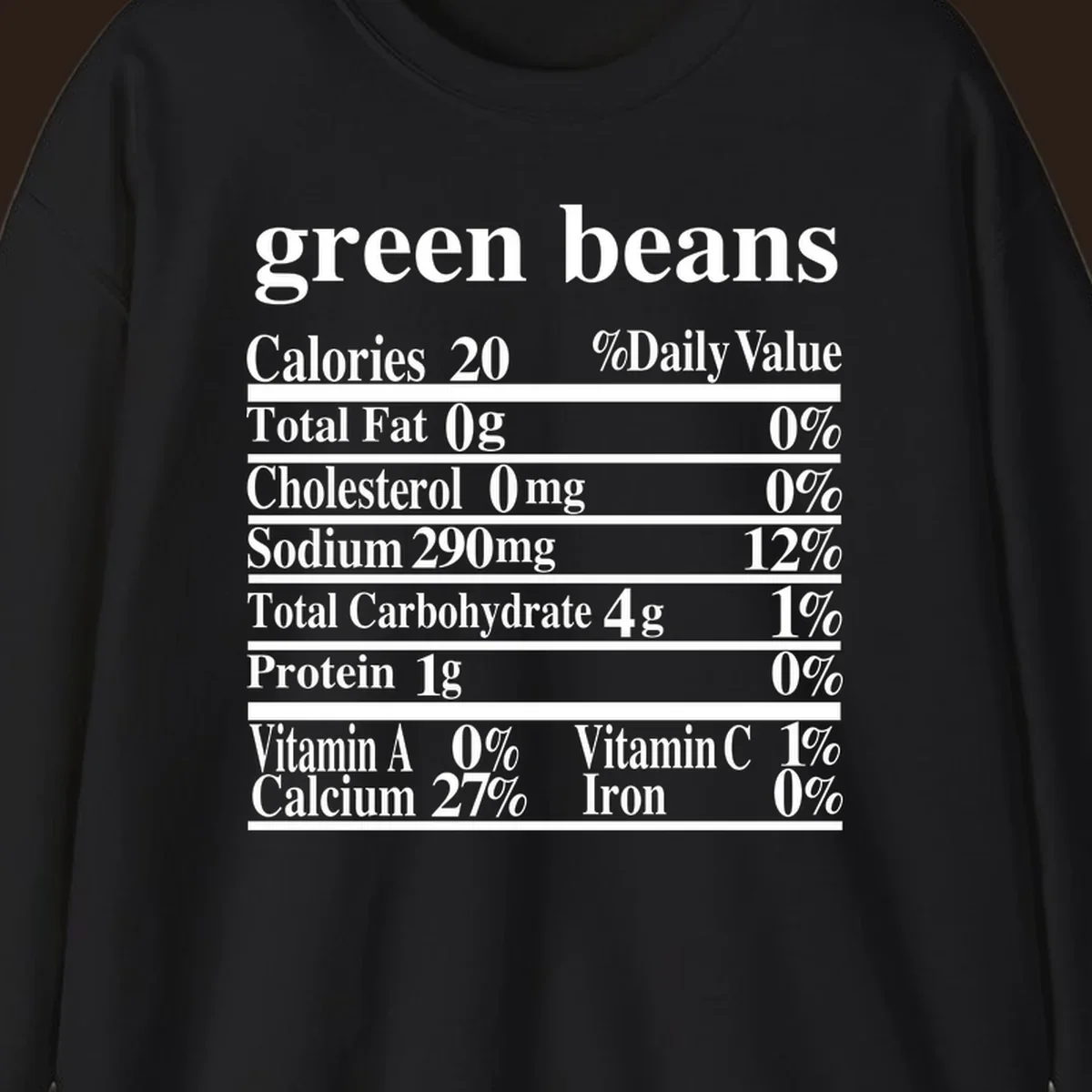 Green beans nutrition facts label with white text on a black background.