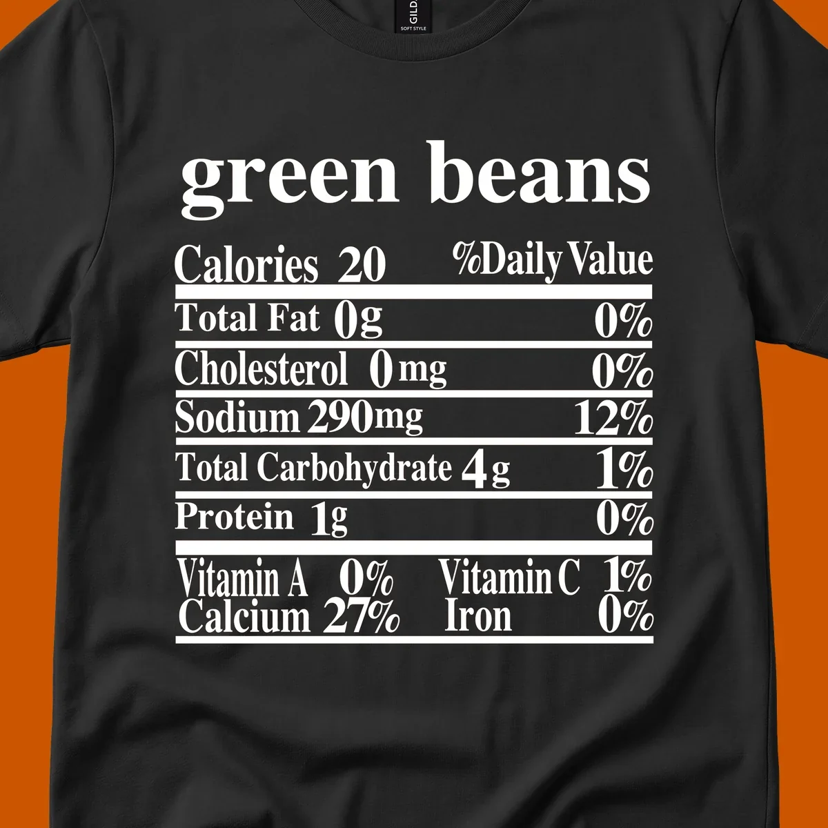Green beans nutrition facts label with white text on a black background.