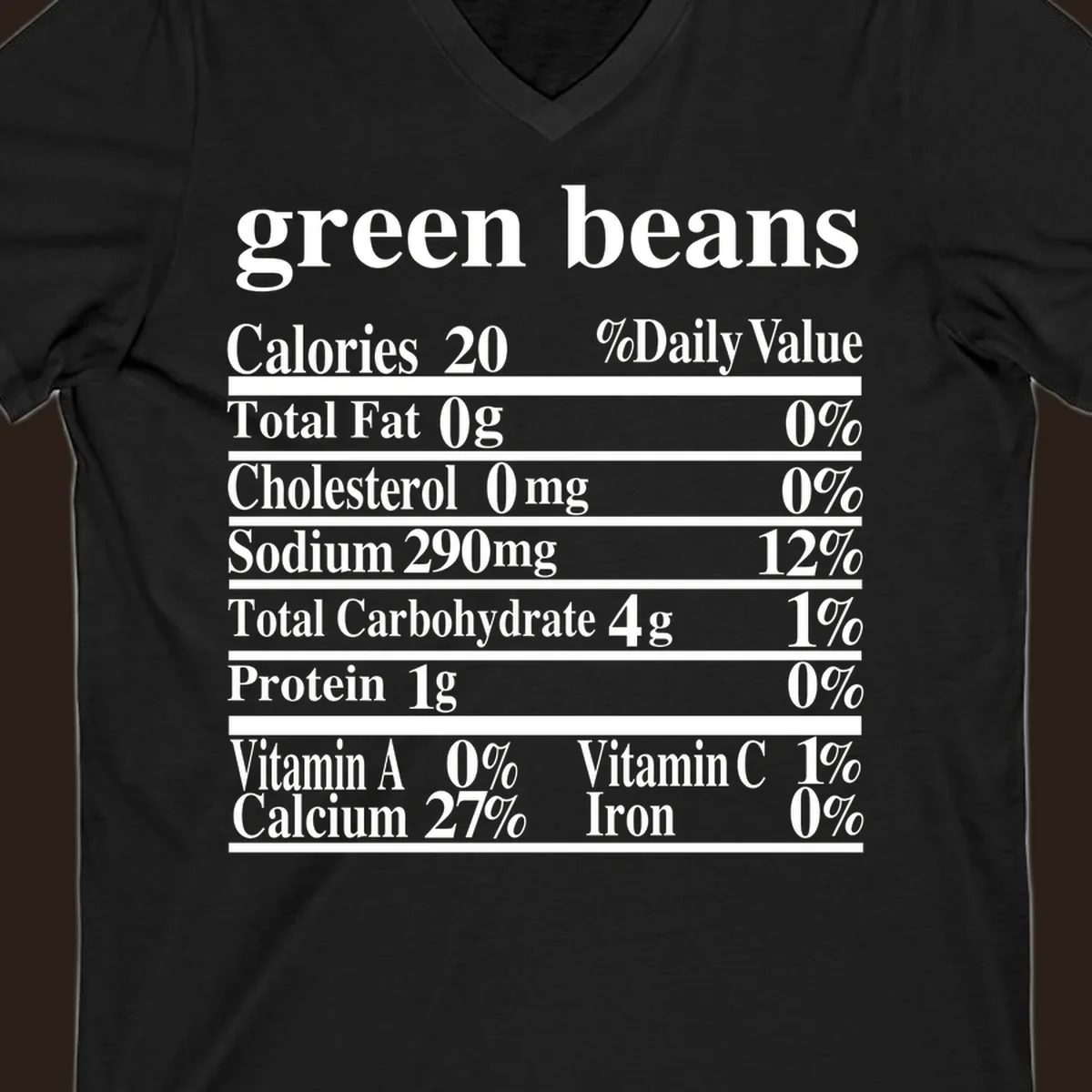 Green beans nutrition facts label with white text on a black background.
