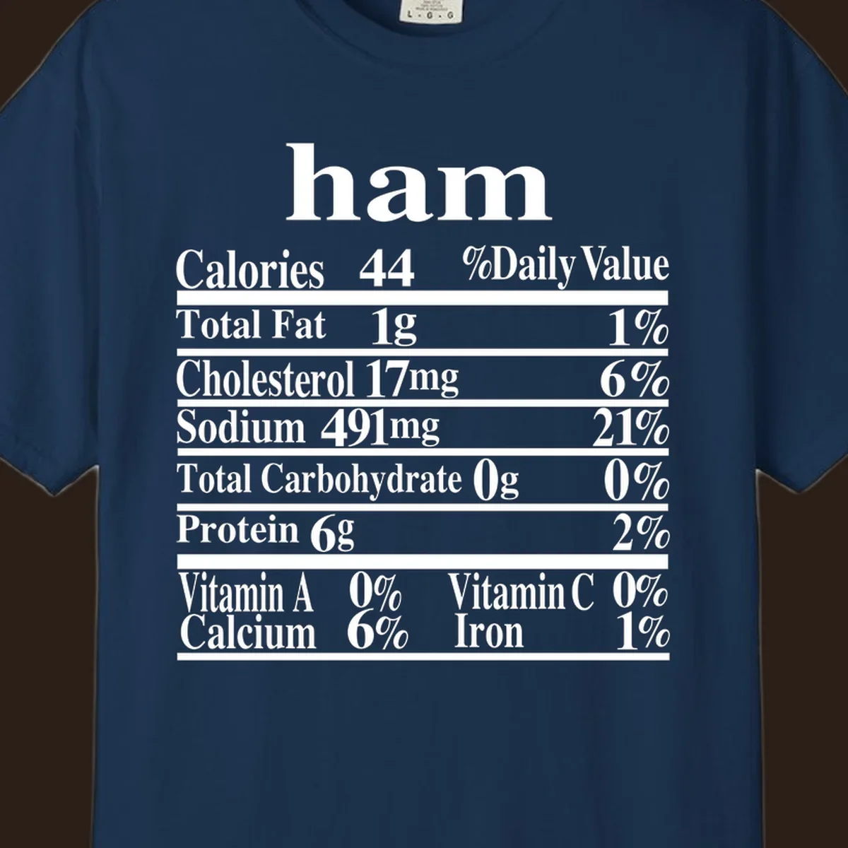Ham nutrition label design with calories, fat, cholesterol, sodium, protein, vitamins and iron.