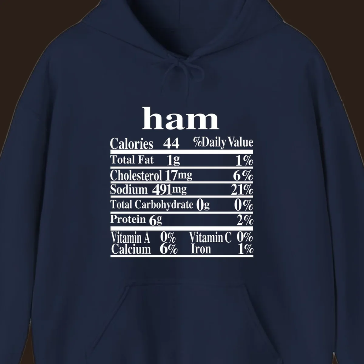 Ham nutrition label design with calories, fat, cholesterol, sodium, protein, vitamins and iron.