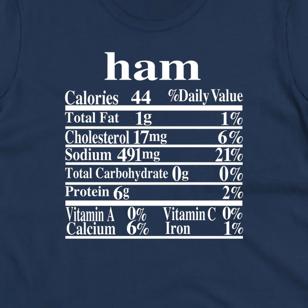 Ham nutrition label design with calories, fat, cholesterol, sodium, protein, vitamins and iron.