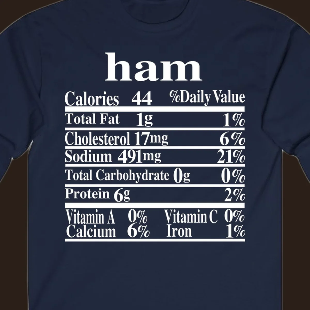 Ham nutrition label design with calories, fat, cholesterol, sodium, protein, vitamins and iron.