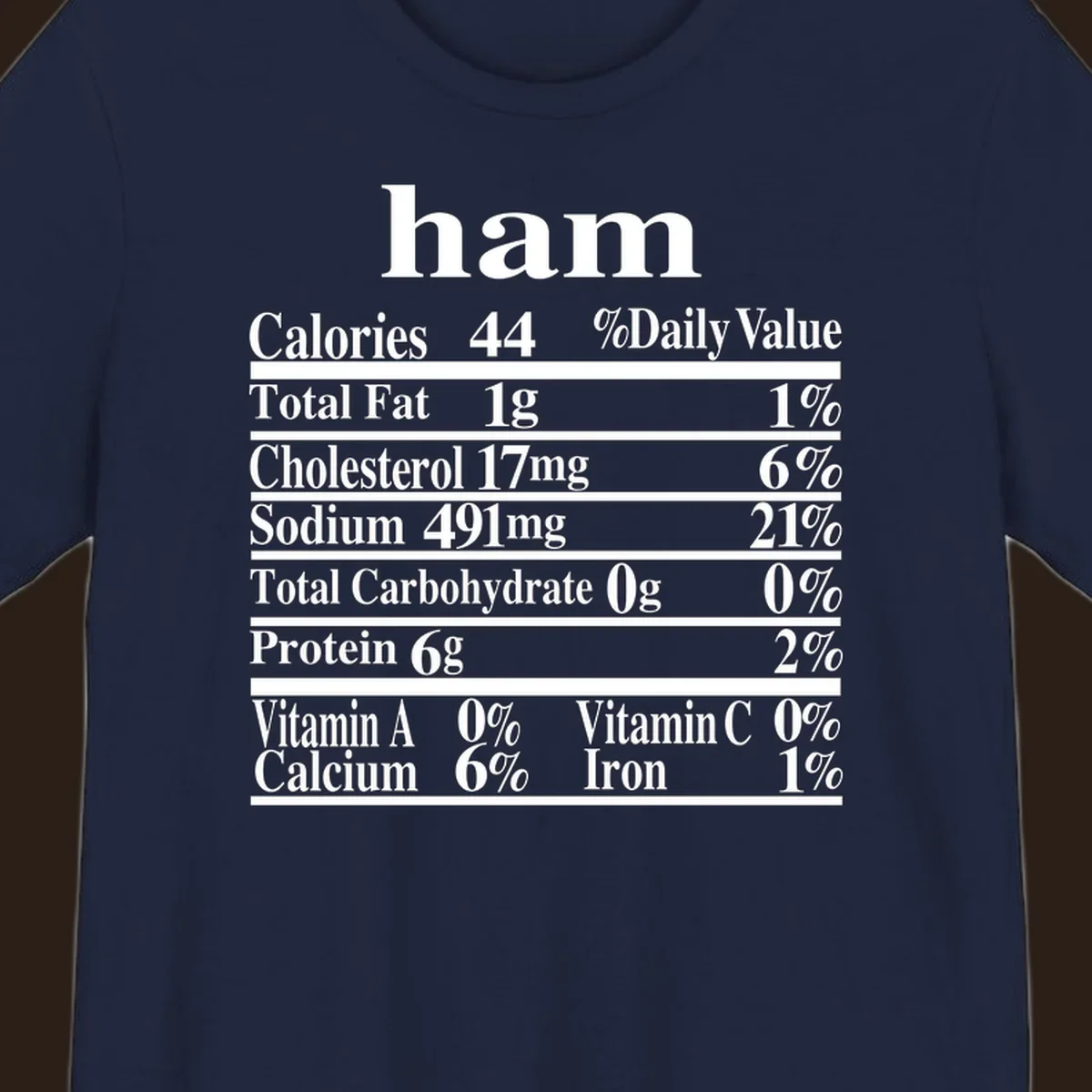Ham nutrition label design with calories, fat, cholesterol, sodium, protein, vitamins and iron.