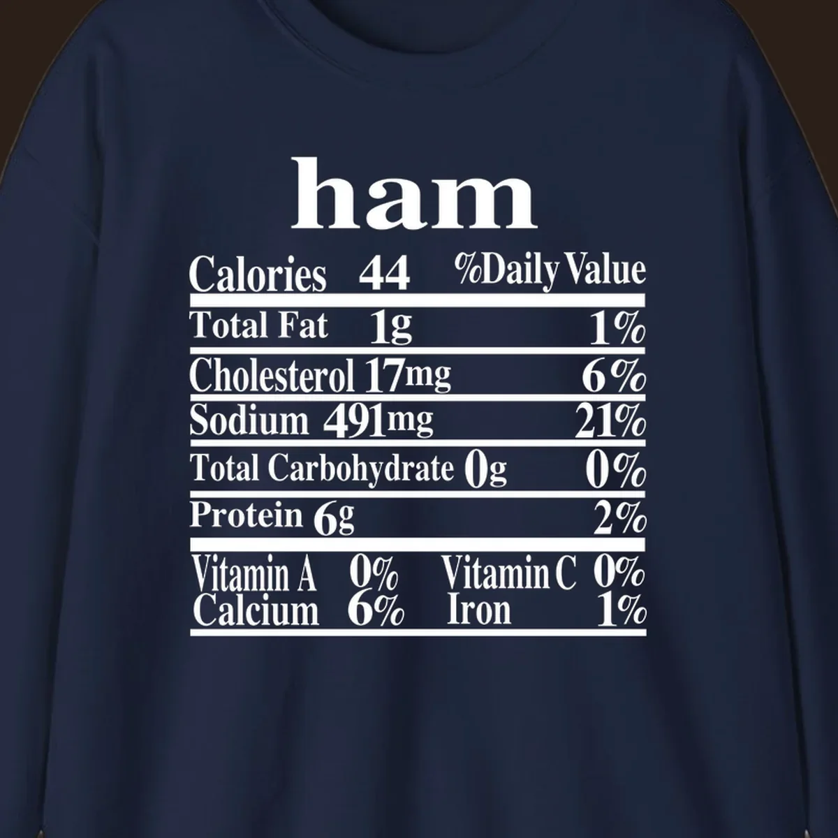 Ham nutrition label design with calories, fat, cholesterol, sodium, protein, vitamins and iron.