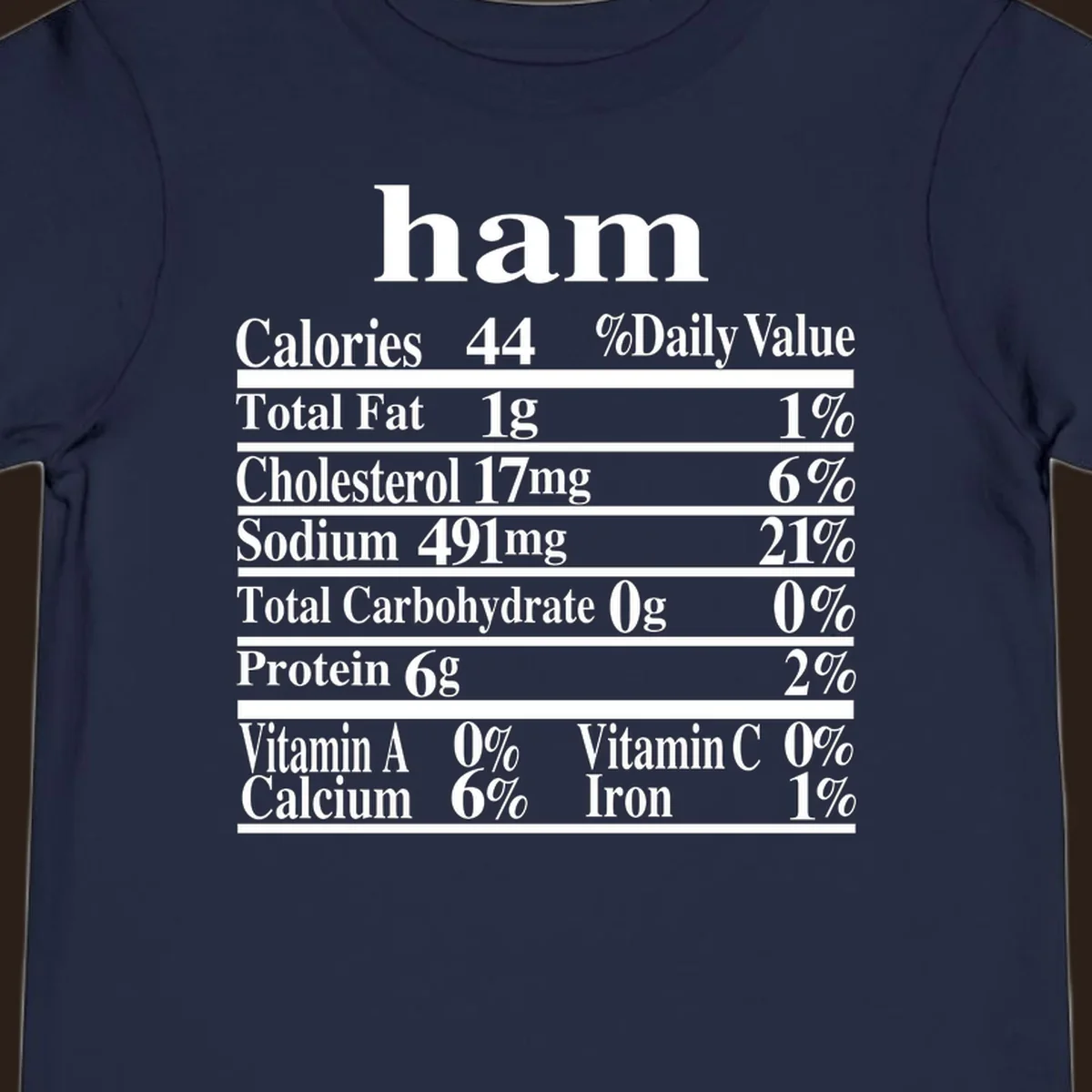 Ham nutrition label design with calories, fat, cholesterol, sodium, protein, vitamins and iron.