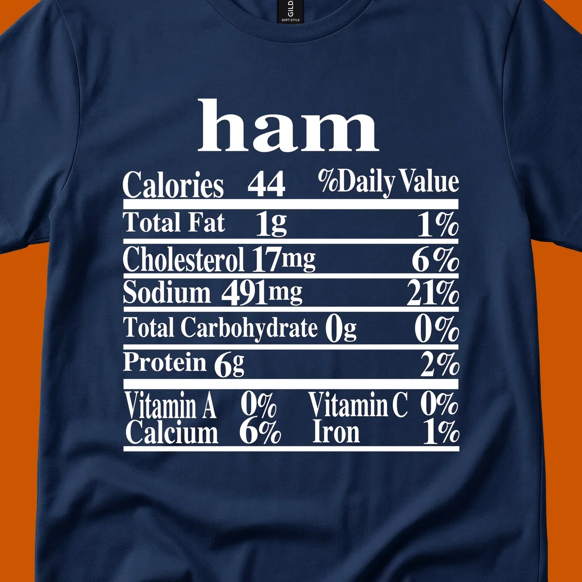 Ham nutrition label design with calories, fat, cholesterol, sodium, protein, vitamins and iron.
