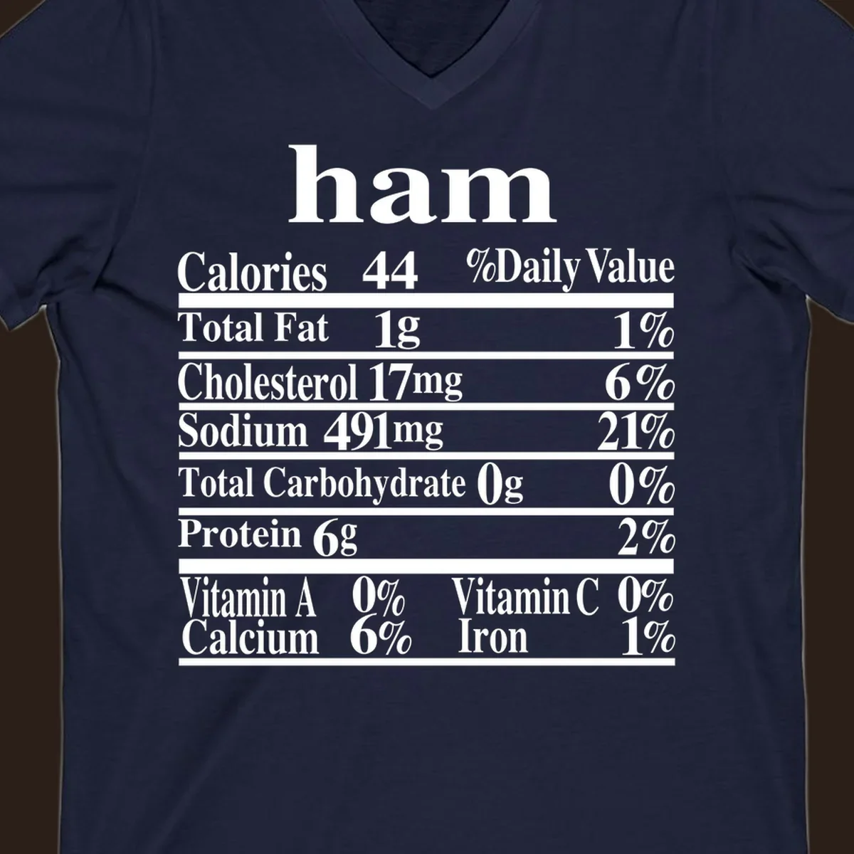 Ham nutrition label design with calories, fat, cholesterol, sodium, protein, vitamins and iron.