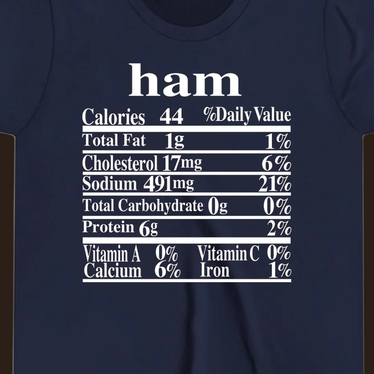 Ham nutrition label design with calories, fat, cholesterol, sodium, protein, vitamins and iron.
