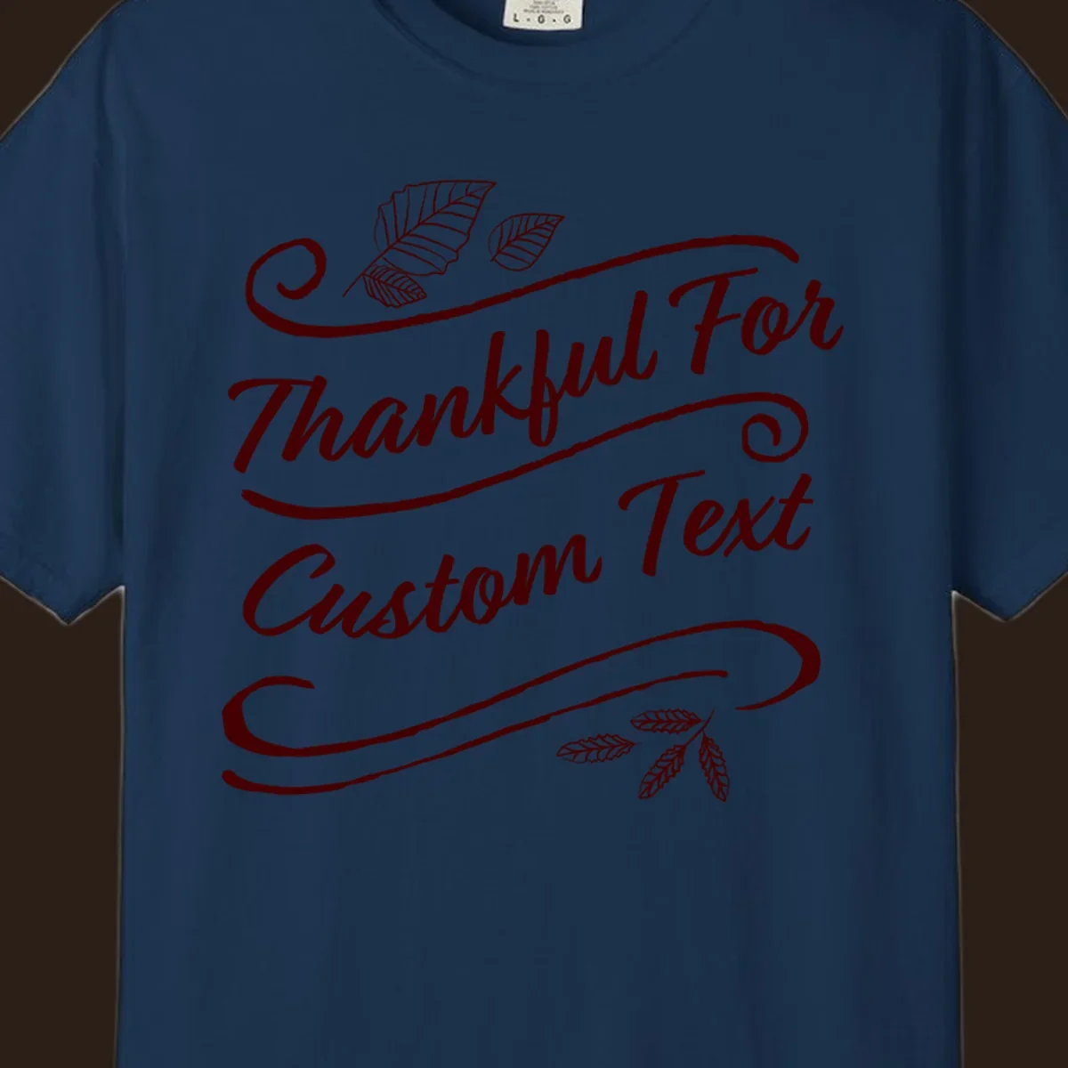 Custom Thanksgiving text with leaves and swirls, dark red on black or white.