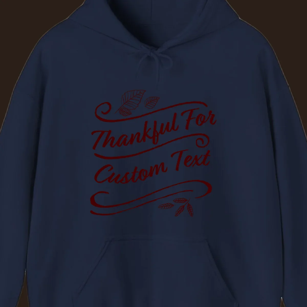 Custom Thanksgiving text with leaves and swirls, dark red on black or white.